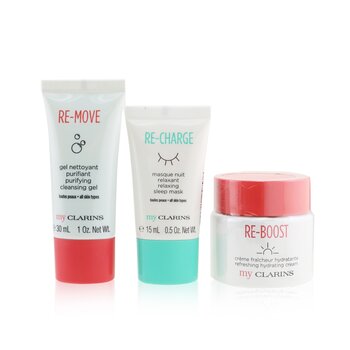 My Clarins The Essentials Set: Re-Boost Hydrating Cream 50ml + Re-Move Cleansing Gel 30ml + Re-Charge Sleep Mask 15ml