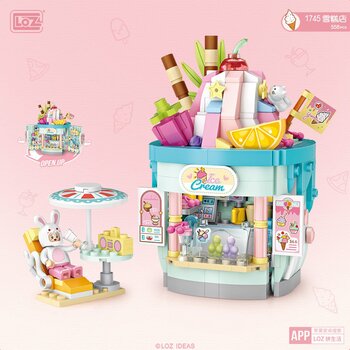 Loz Seri Taman Hiburan LOZ Dream - Toko Es Krim Lipat (LOZ Dream Amusement Park Series - Foldable Ice Cream Shop Building Bricks Set)