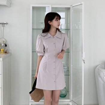 Trendywhere Puff Sleeve Button Front Collar Shirt Dress